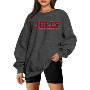 KIDDAD Christmas Sweatshirts Women Glitter Patch Jolly Graphic Sweatshirt Oversized Xmas Vacation Long Sleeve Pullover Tops