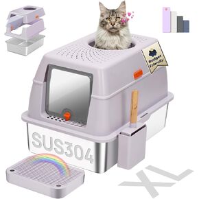 Stainless Steel Litter Box with Lid, SUS304 Metal Cat Litter Box, Enclosed Extra Large Kitty Litter Box High Wall, Jumbo Cat Litter Box with Triple Pedal, Non-Sticky, Anti-Leakage (XXL Purple)
