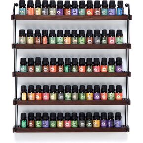 J JACKCUBE DESIGN Wall Mount Essential Oils Display Shelf with 5 Tier for 70 Bottles Holder Gold Frame and Wood Rack Organizer - MK482B