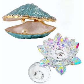 H&D HYALINE & DORA Metal Glass Trinket Box Ring Holder Small Seashell Figurine Collectible Table Centerpiece and 4.5'' Crystal Lotus Flower Jewelry Box Crystal Glass Jewelry Box with Lid