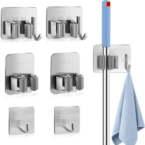 Daily Treasures 6 Pcs Stainless Steel Broom Holder Wall Mount Self Adhesive (with Hook), Adjustable Size Broom and mop Holder, Flexible Freestanding Broom Sticky Back Hooks, Hook Broom Hanger