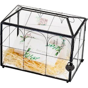Glass Wedding Card Box with Lock and Slot, 11.42" x 7.48" x 15.75" Large Gold Clear Card Box for Wedding Reception, Graduation, Keepsake Display, Party Centerpiece Gift Card Box-Gold