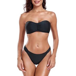 Women's Removable Straps Bikini Sets Ruched Bandeau Swimsuits High Cut Ruched Side Bottom Two Piece Bathing Suits