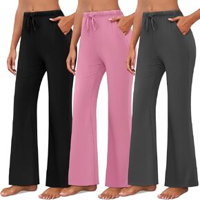 Neer 3 Pack Women's Wide Leg Palazzo Pants, Casual Flared Knit Sweat Pants Stretchy Flowy Drawstring Joggers with Pockets