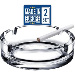 Glass Cigar Ashtrays for Cigarettes, 2 Pcs Decorative Clear Glass Ashtrays, Big Round Ash Trays for Home, Office and Restaurants, Cool Luxury Ashtray Gift Set for Men
