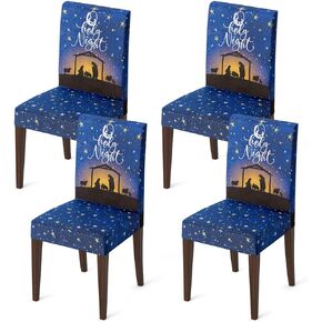 Horaldaily 4PCS Christmas Dining Chair Covers,Blue Holy Night Stretch Removable Washable Slipcover Chair Protector for Dining Room Home Decor