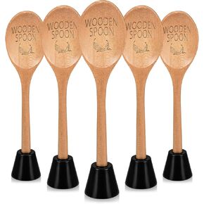 5 Pieces Chili Cook Off Trophies Set Golden Spoon Award Trophies Set Wooden Laser Engraved Spoon Chili Cook Off Wood Spoon Prizes with Wooden Trophy Base for Prizes Baking Contest Food Competition