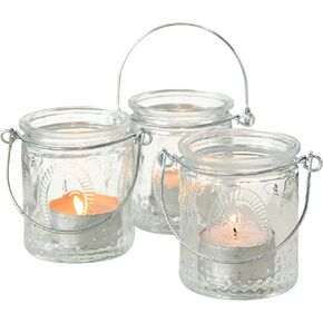 3 Piece Fleur Di Lise Wind Light Candle Holders, French Country Style, Boxed Set, Clear Glass, Wire Hanging Handles, Each 2.75 Inches Tall, for LED and Wax Tea
