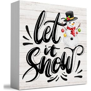 Rustic Winter Merry Christmas Tree Wood Box Sign, Let It Snow Farmhouse Christmas Santa Artwork Decor, Wood Square Sign Desk Block Signs Home Shelf Office Decoration 5 x 5 Inches