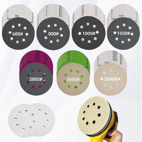TOOVEM 72PCS 5 Inch Sanding Discs Set, 70PCS 5 Inch 8 Hole Wet Dry Sandpaper with 2PCS Interface Pads for Random Orbital Sander 600 800 1000 1500 2000 3000 5000 Grits