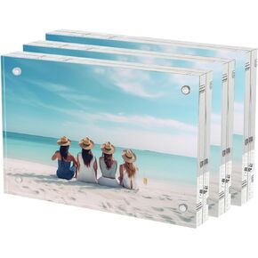 3 Pack Acrylic Picture Frame 4x6 Inch,Clear Freestanding Double Sided 20mm Thickness Frameless Magnetic Photo Frames Desktop Display