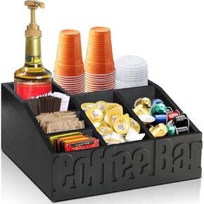 Coffee Bar Organizer for Coffee Bar Accessories, Wood Coffee Station Organizer for Countertop, Farmhouse Coffee Pod Syrup Holder Organizer, Coffee Bar Condiment Organizer for Coffee Bar Decor (Black)