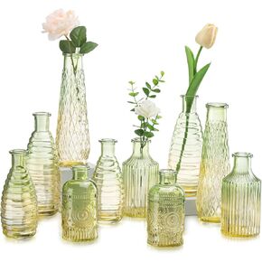 Glasseam Vintage Green Glass Vase: Boho Flower Vase Set of 5 Decorative Small Vases for Flowers Decor Colored Anique Bud Vases for Centerpieces Living Room Wedding Dining Table Decorations
