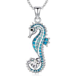 LONAGO Seahorse Necklace for Women 925 Sterling Silver Blue Seahorse Holding Heart Shaped Birthstone Pendant Necklace