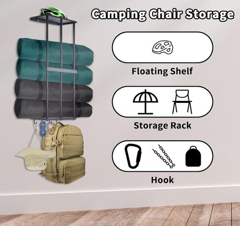 Camping Chair Storage, Camping Chair Organizer for Garage Storage, Metal Camping Chair Wall Storage Holder, Floating Shelf with 4 Hooks for Garage Organization in Kuwait