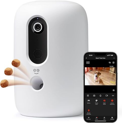 Geeni Pet Treat Dispenser with Camera - 2K HD WiFi Enabled, Dog and Cat Automatic Smart Feeder, Two-Way Audio, Night Vision, Auto-Follow, Remote Access with App, Alexa and Google Compatible, White in Saudi Arabia