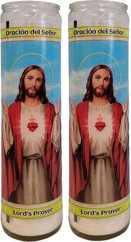 Catholic Prayer Candles- Set of 2- Lord's Prayer/Oracion del Senor-Sacred Heart of Jesus Religious Holy Prayer Decor Long Glass ( Long Burn, Real Wax) for Home, Office and Gifts for Mother in Saudi Arabia