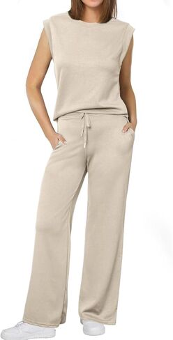 Glamaker Women's 2 Piece Sets Summer Lounge Travel Outfits Sleeveless Wide Leg Airport Casual Trendy Sweatsuits in Kuwait