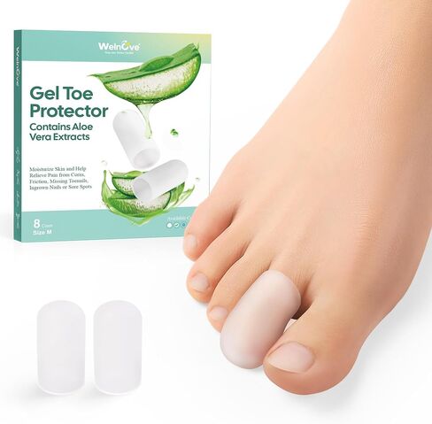 Welnove Gel Toe Cap and Protector - 12-Pack Aloe Vera Extract Infused Silicone Toe Covers - Toe Cushions for Pain Relief, Missing or Ingrown Toenails, Corns, Calluses, Blisters (4L + 8M, Clear) in Saudi Arabia