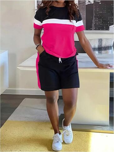SOLY HUX Women's Plus Size 2 Piece Outfits Color Block Short Sleeve T Shirt and Shorts Set in Saudi Arabia
