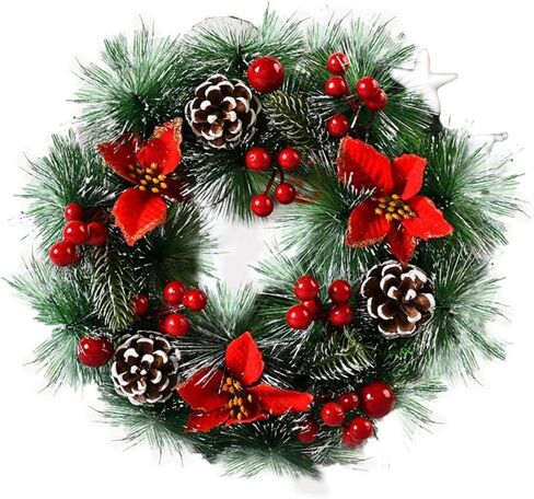 Christmas Wreaths 11.81in for Front Door Xmas Decorations Thanksgiving Day Indoor Outdoor Home Decorative Wreath Three Red Flowers Pine Cones Fruits Leaves Snowflakes Wreaths Wall Window Door Wreath. in Saudi Arabia