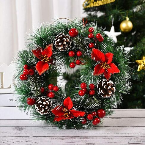 Christmas Wreaths 11.81in for Front Door Xmas Decorations Thanksgiving Day Indoor Outdoor Home Decorative Wreath Three Red Flowers Pine Cones Fruits Leaves Snowflakes Wreaths Wall Window Door Wreath. in Saudi Arabia