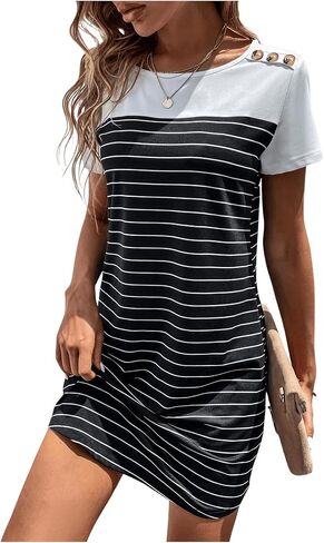 COZYEASE Women's Striped Round Neck Short Sleeve T Shirt Dress Casual Straight Short Summer Dresses in Saudi Arabia