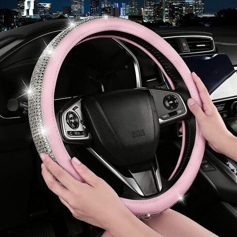 غطاء عجلة القيادة من Bling Diamond، أغطية عجلة القيادة الجلدية للنساء والفتيات مع أحجار الراين الكريستالية، قابلة للتنفس، مضادة للانزلاق مقاس 14-15 بوصة من إكسسوارات السيارة اللامعة (أصفر) in Kuwait