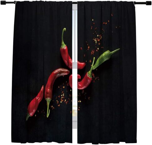 Blackout Curtains Chili Peppers on a Black Background Window Curtains,Window Treatments Draperies for Bedroom Living Room Kitchen Cafe 2 Panels Set in Saudi Arabia