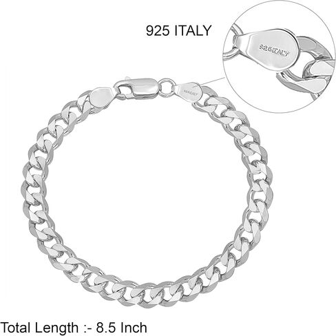 LeCalla Links Solid 925 Sterling Silver Curb Chain Bracelet for Men | Gifts for Fathers Day Italian 6.5mm Diamond-Cut Cuban Link Curb Chain Bracelet 8 Inches in Saudi Arabia