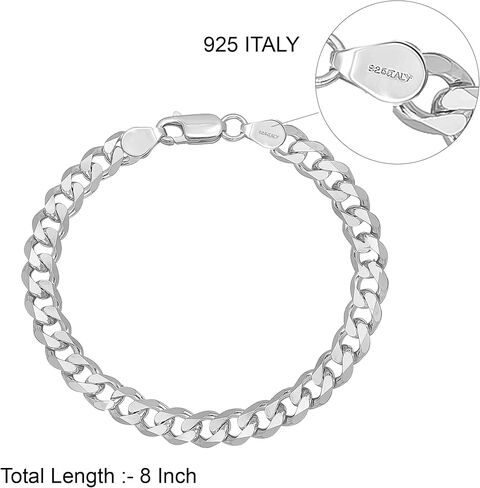 LeCalla Links Solid 925 Sterling Silver Curb Chain Bracelet for Men | Gifts for Fathers Day Italian 6.5mm Diamond-Cut Cuban Link Curb Chain Bracelet 8 Inches in Saudi Arabia