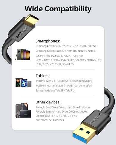 كابل SUNGUY Android Auto USB C بطول 1 قدم، 10 جيجابت في الثانية قصير USB A إلى USB C 3.1 Gen 2 كابل نقل بيانات شحن سريع لـ iPhone15/15Pro/15Pro Max/15Plus، Samsung Galaxy S23، iPad Pro، Pixel، SSD خارجي in Saudi Arabia