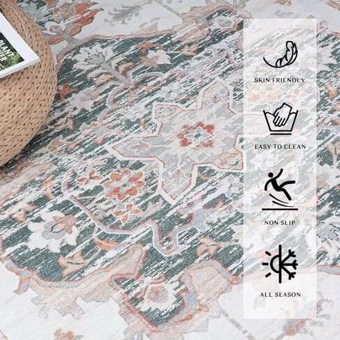 سجادة Vamcheer عتيقة قابلة للغسل مقاس 5 × 7 - سجاد شانيل كلاسيكي لغرفة المعيشة وغرفة النوم وغرفة الطعام سجادة تقليدية للمطبخ المكتبي غير قابلة للانزلاق سجادة خارجية باللون الأزرق/الزهري in Kuwait