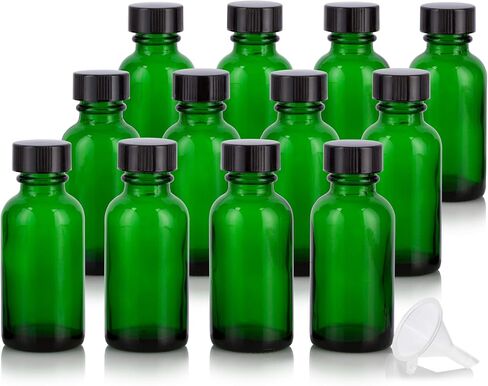 JUVITUS 1 oz / 30 ml Green Glass Boston Round Bottle with Black Phenolic Cone Lined Caps (12 Pack) + Funnel in Saudi Arabia