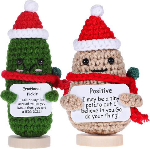 2 Pcs Emotional Support Pickle and Positive Potato, Christmas Handmade Mini Funny Emotional Support Pickled Cucumber Gift Cute Handmade Ornaments Crochet Doll for Christmas Ornament Gift in Saudi Arabia