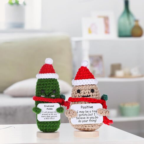 2 Pcs Emotional Support Pickle and Positive Potato, Christmas Handmade Mini Funny Emotional Support Pickled Cucumber Gift Cute Handmade Ornaments Crochet Doll for Christmas Ornament Gift in Saudi Arabia
