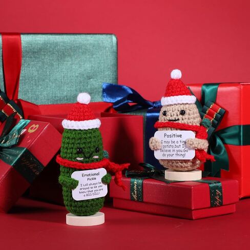 2 Pcs Emotional Support Pickle and Positive Potato, Christmas Handmade Mini Funny Emotional Support Pickled Cucumber Gift Cute Handmade Ornaments Crochet Doll for Christmas Ornament Gift in Saudi Arabia