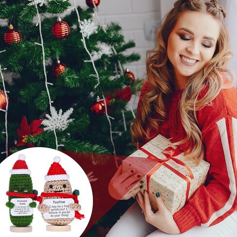 2 Pcs Emotional Support Pickle and Positive Potato, Christmas Handmade Mini Funny Emotional Support Pickled Cucumber Gift Cute Handmade Ornaments Crochet Doll for Christmas Ornament Gift in Saudi Arabia