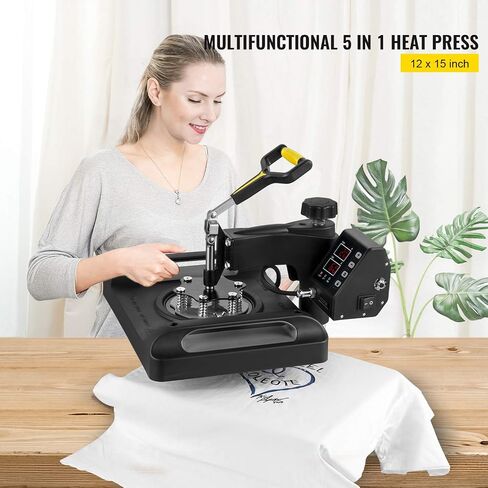 VEVOR Pro Heat Press Machine, 12 x 15 Inches, Fast Heating, 5 in 1 Combo 360 Swing Away Digital Sublimation T-Shirt Vinyl Transfer Printer with Anti-Scald Surface, Hat, Mug, Plate, ETL Listed, Black in Saudi Arabia