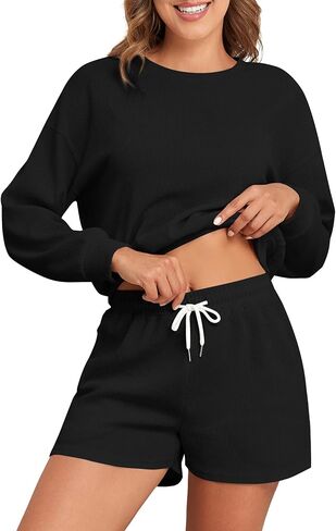 ZAFUL Womens Two Piece Sets 2 Pockets Sweat Short Sets 2024 Waffle Knit Outfits Lounge Matching Set Sweatsuit Tracksuit in Saudi Arabia