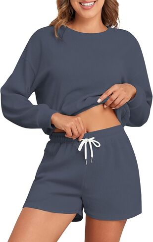 ZAFUL Womens Two Piece Sets 2 Pockets Sweat Short Sets 2024 Waffle Knit Outfits Lounge Matching Set Sweatsuit Tracksuit in Saudi Arabia