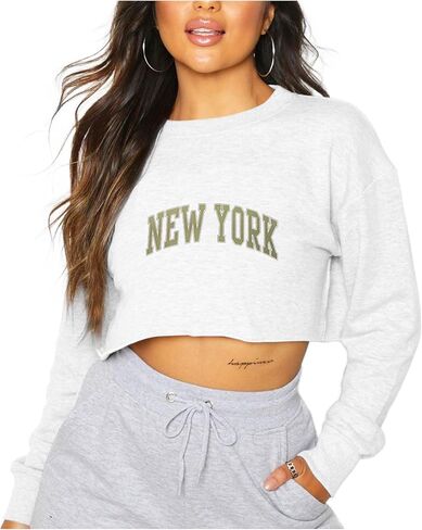 Hilinker Womens Graphic Long Sleeve Cropped Sweatshirt Crewneck Pullover Crop Top in Saudi Arabia