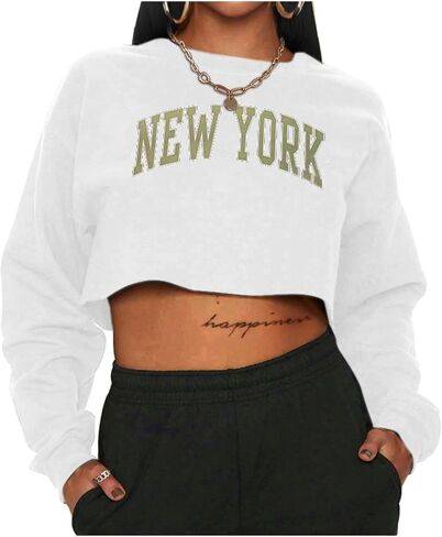 Hilinker Womens Graphic Long Sleeve Cropped Sweatshirt Crewneck Pullover Crop Top in Saudi Arabia