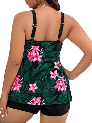MakeMeChic Women's Plus Size Tankini Bathing Suits Tropical Swim Tank Top with Boyshorts 2 Piece Swimsuit Strappy Blue Floral X-Large Plus in Saudi Arabia