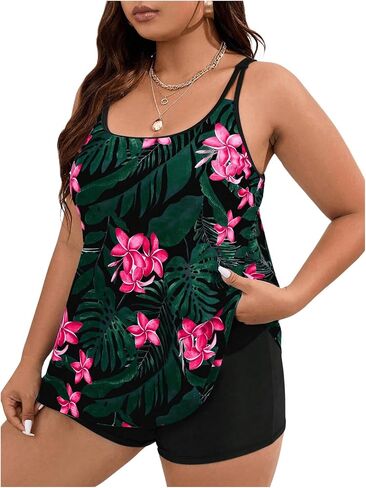 MakeMeChic Women's Plus Size Tankini Bathing Suits Tropical Swim Tank Top with Boyshorts 2 Piece Swimsuit Strappy Blue Floral X-Large Plus in Saudi Arabia