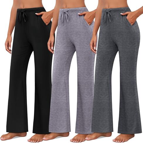 Neer 3 Pack Women's Wide Leg Palazzo Pants, Casual Flared Knit Sweat Pants Stretchy Flowy Drawstring Joggers with Pockets in Saudi Arabia