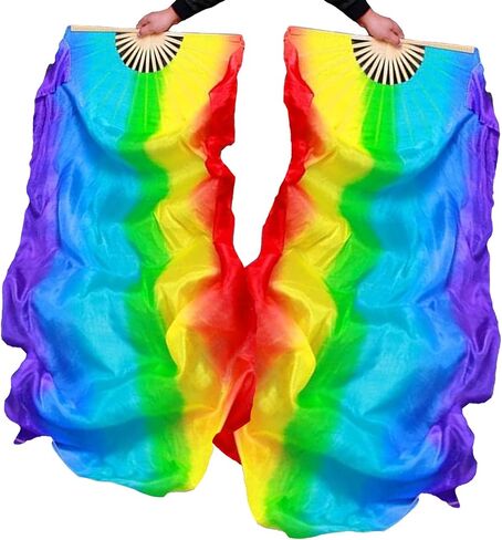 Women 1.8M 1 Pair Artificial Silk Belly Dance Fan Veils Long Folding Bamboo Artificial Silk Fans for Dance Beginner (Yellow Orange red) in Saudi Arabia