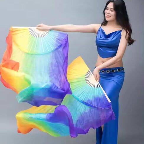 Women 1.8M 1 Pair Artificial Silk Belly Dance Fan Veils Long Folding Bamboo Artificial Silk Fans for Dance Beginner (Yellow Orange red) in Saudi Arabia
