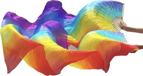 Women 1.8M 1 Pair Artificial Silk Belly Dance Fan Veils Long Folding Bamboo Artificial Silk Fans for Dance Beginner (Yellow Orange red) in Saudi Arabia