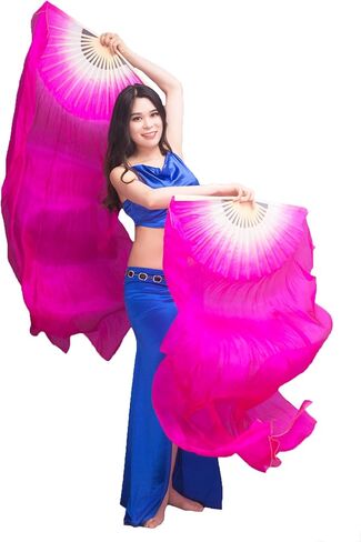 Women 1.8M 1 Pair Artificial Silk Belly Dance Fan Veils Long Folding Bamboo Artificial Silk Fans for Dance Beginner (Yellow Orange red) in Saudi Arabia